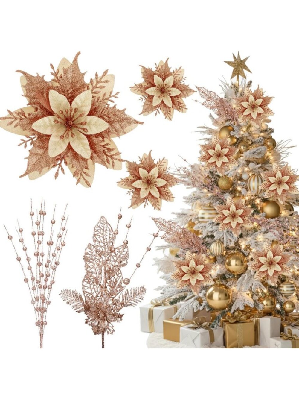 22 Pcs Christmas Poinsettia Flowers & Berry Stems - Festive Holiday Decor